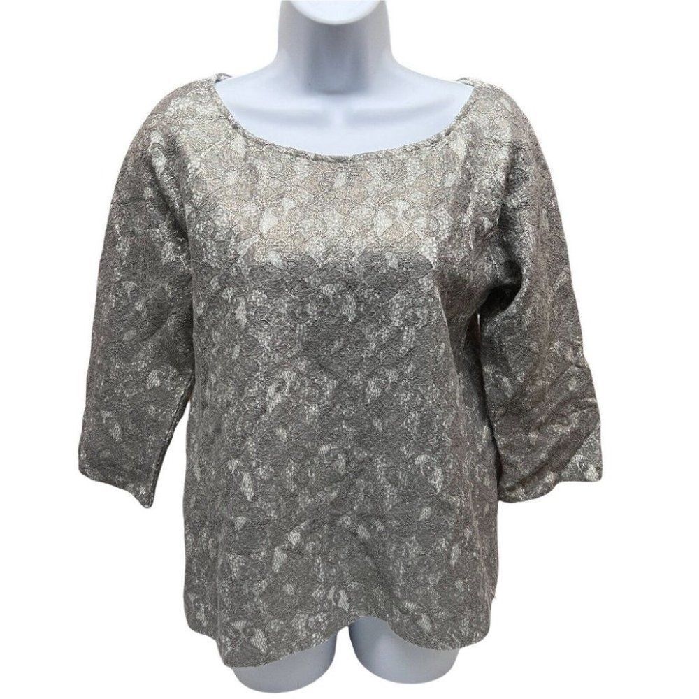 Banana Republic Women’s M Floral Lace Blouse 3/4‎ Sleeves Holiday Party Silver